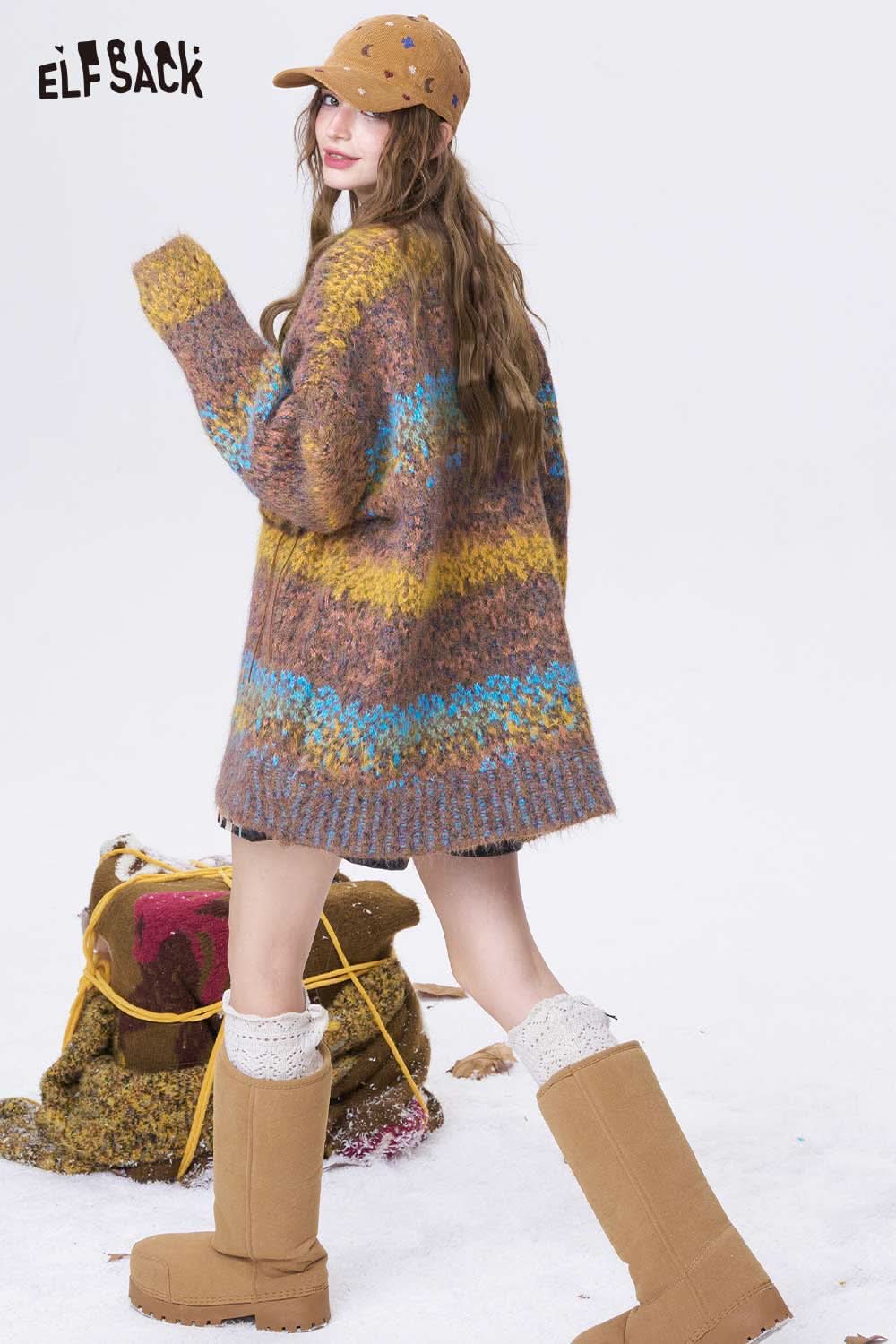 ELFSACK bright color V neck knit sweater in striped design, perfect for cozy styles and winter wear