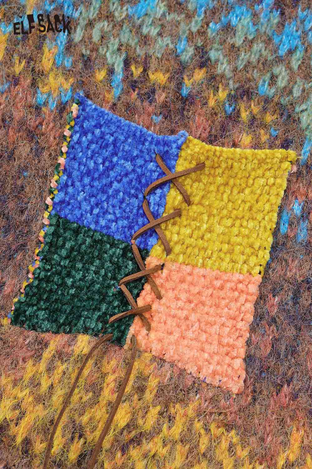 ELFSACK bright color V neck knit sweater featuring a patchwork design with vibrant hues