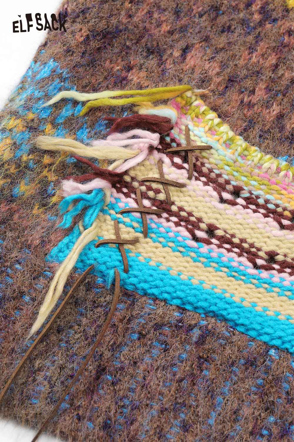 ELFSACK bright color V neck knit sweater showing multicolored stitching detail and vibrant texture