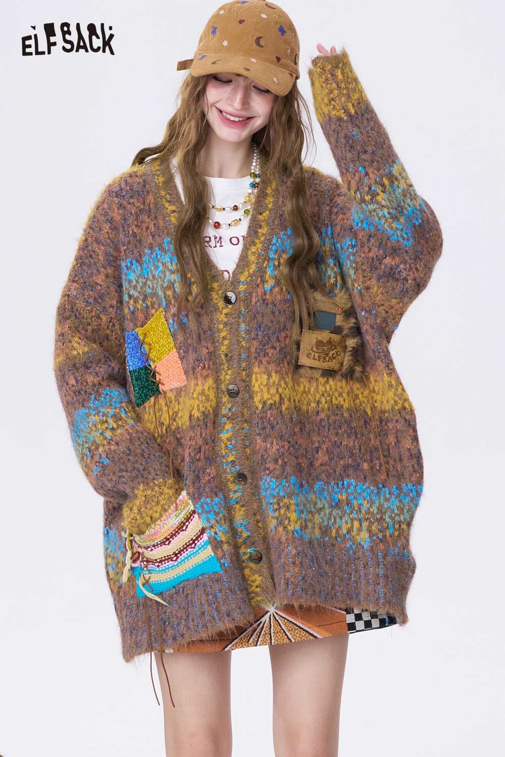 ELFSACK bright color V neck knit sweater with a relaxed fit and colorful patchwork details