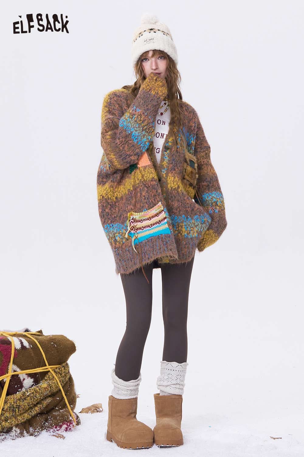 ELFSACK bright color V neck knit sweater in a cozy oversized style for a trendy winter look