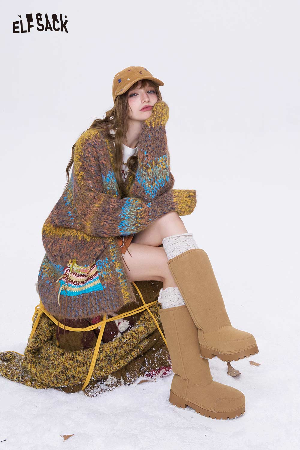 ELFSACK bright color V neck knit sweater featuring a cozy oversized design for stylish warmth