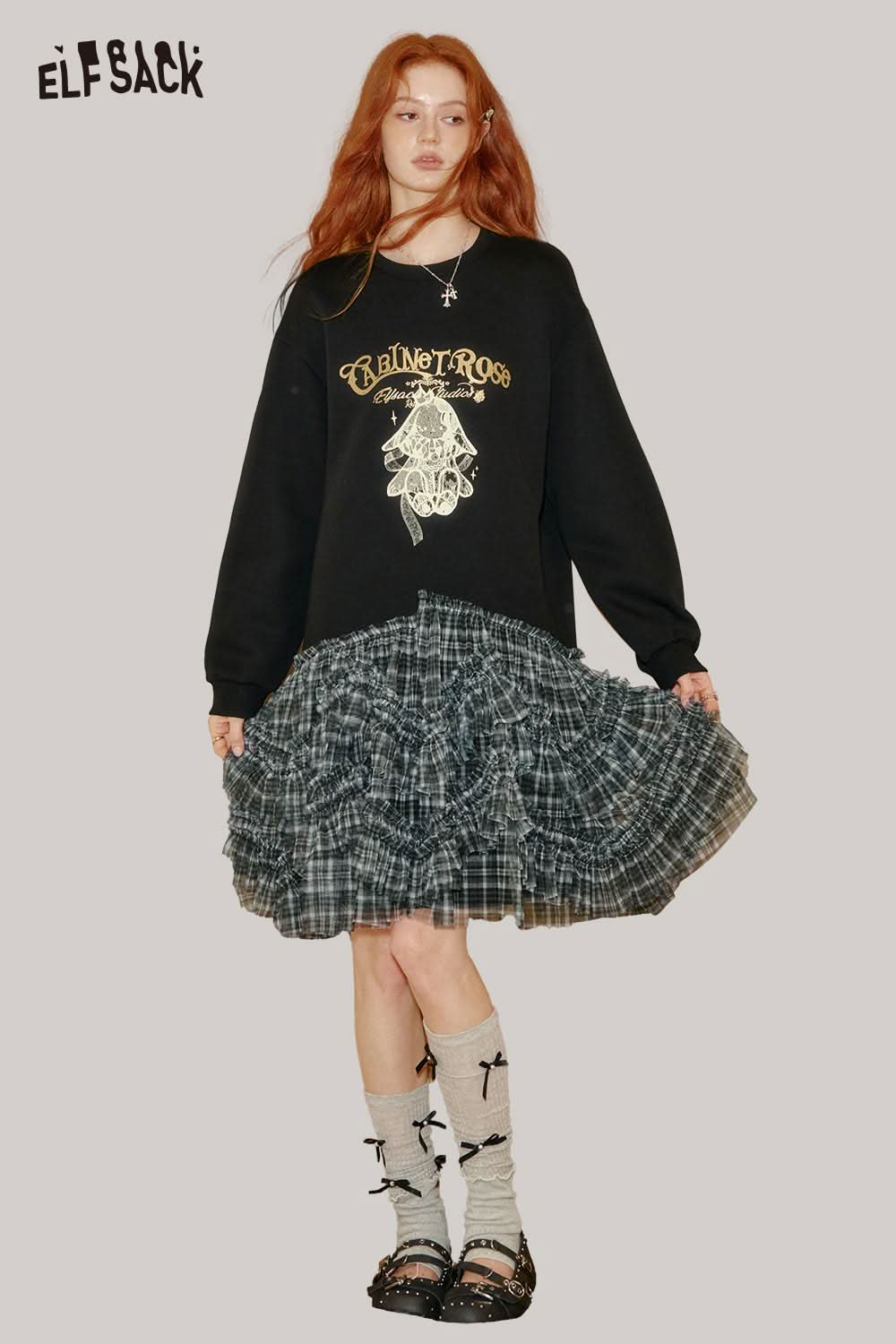 ELFSACK cotton blend graphic print shift dress with a layered ruffled skirt for a trendy look