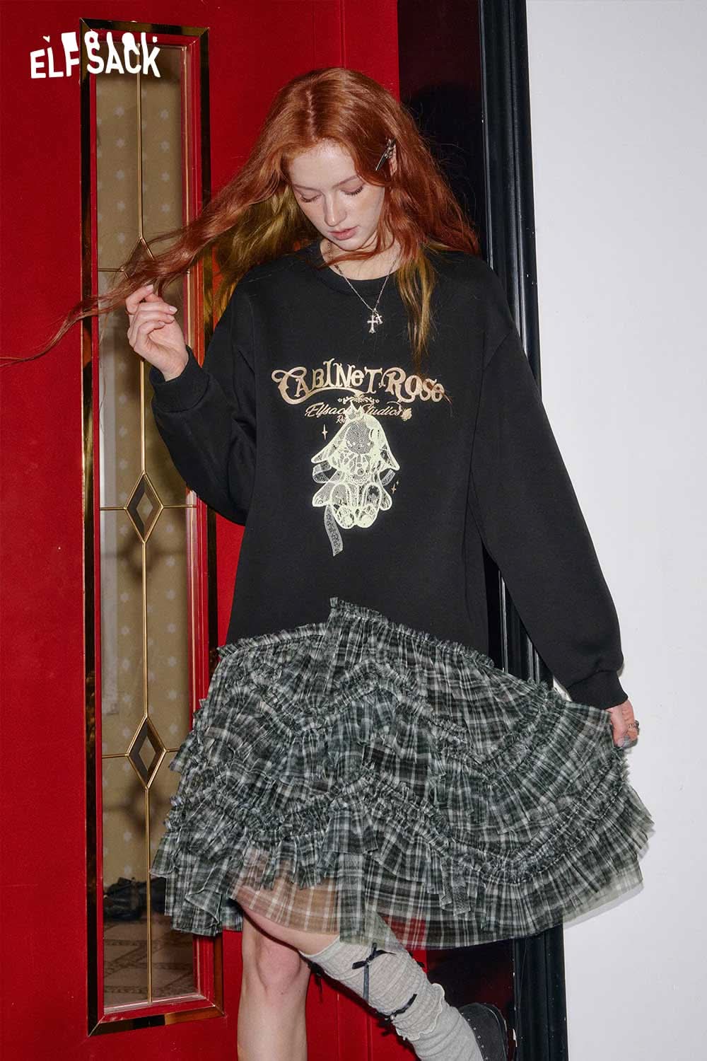ELFSACK cotton blend graphic print shift dress with a layered plaid skirt and long sleeves