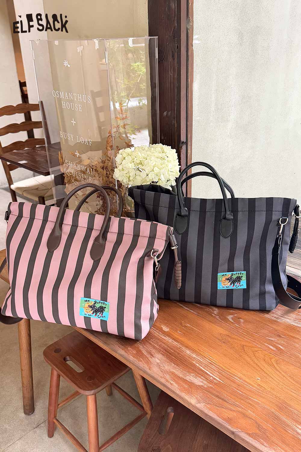 ELFSACK canvas stripe tote bag in pink and black with stylish striped design and sturdy handles