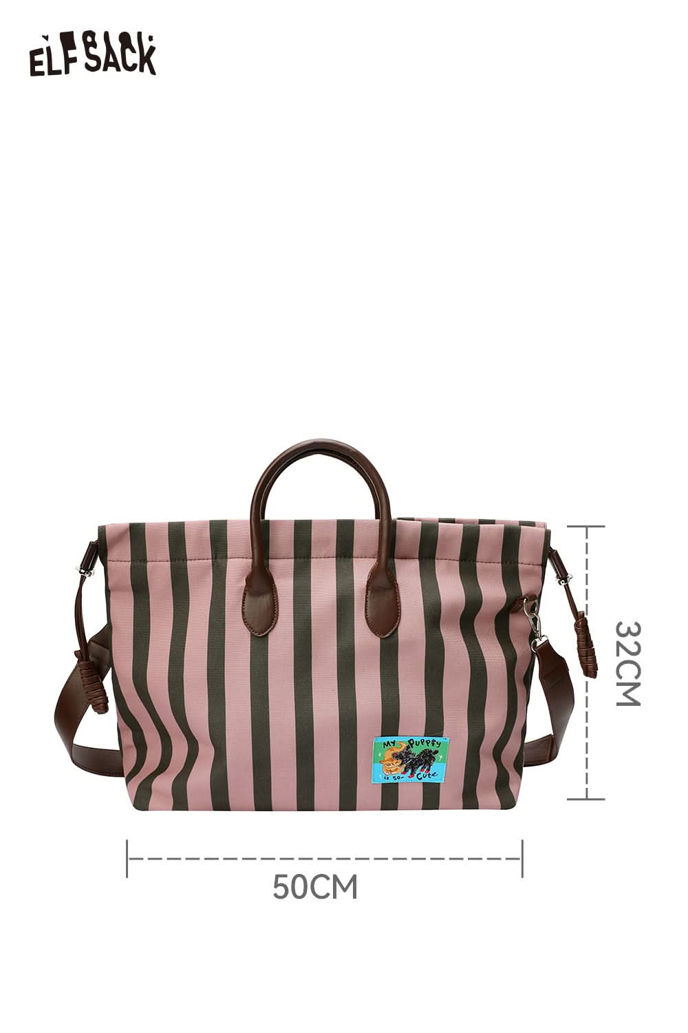 ELFSACK canvas stripe tote bag in pink and brown with spacious design and dual handles