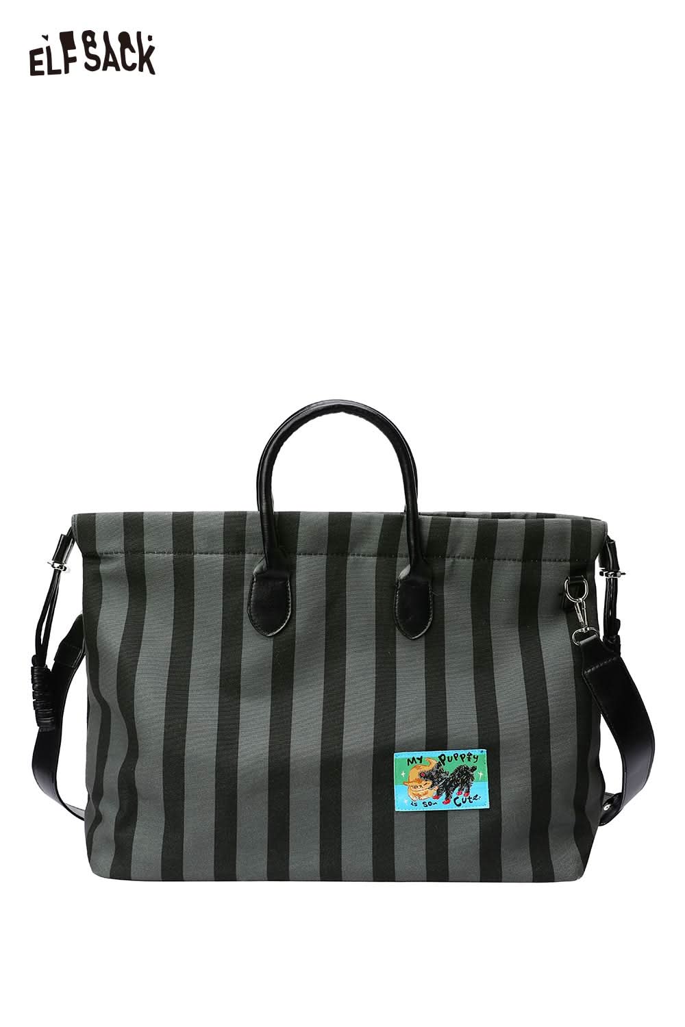 ELFSACK canvas stripe tote bag with dual handles and removable strap for versatile use