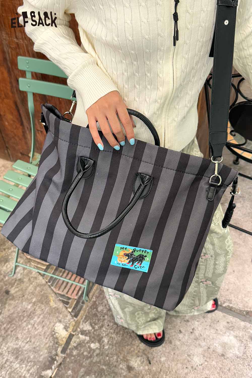 ELFSACK canvas stripe tote bag with durable handles and stylish striped design for everyday use