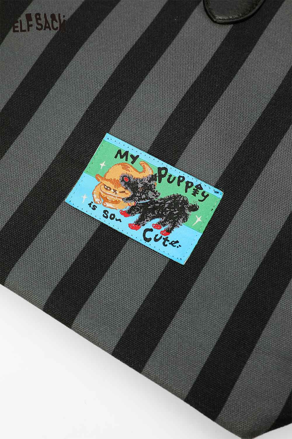 ELFSACK canvas stripe tote bag with playful puppy design and durable fabric for everyday use