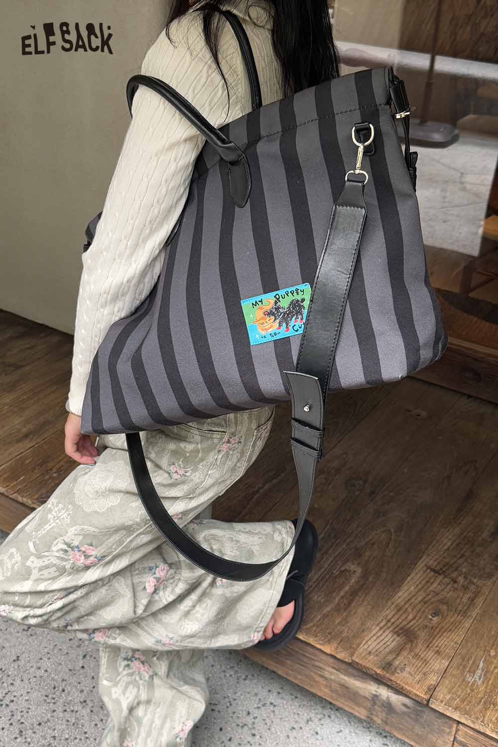 ELFSACK Canvas Stripe Tote Bag with Stylish Stripes and Adjustable Strap for Everyday Use