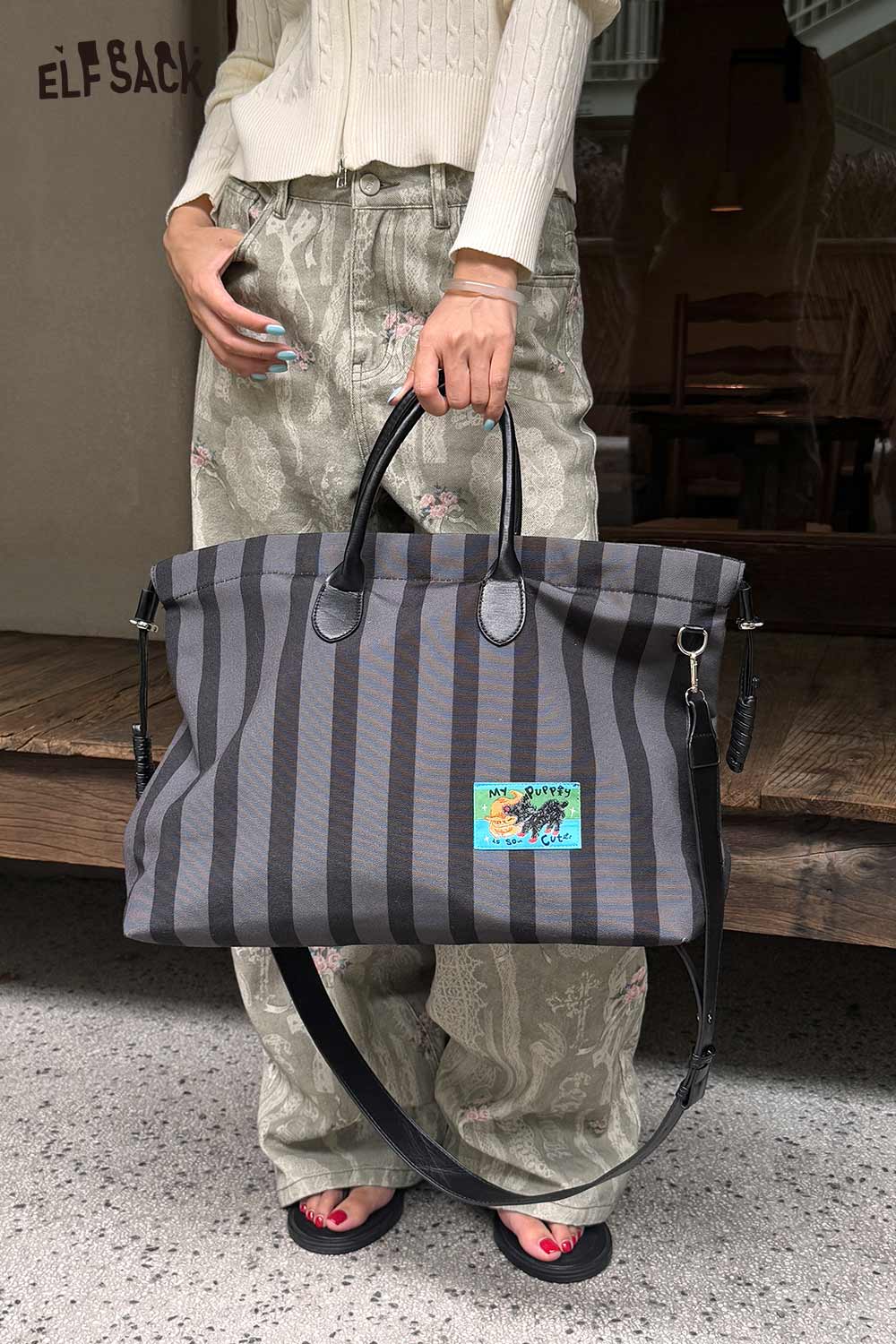 ELFSACK canvas stripe tote bag with dual handles and adjustable shoulder strap for stylish carry