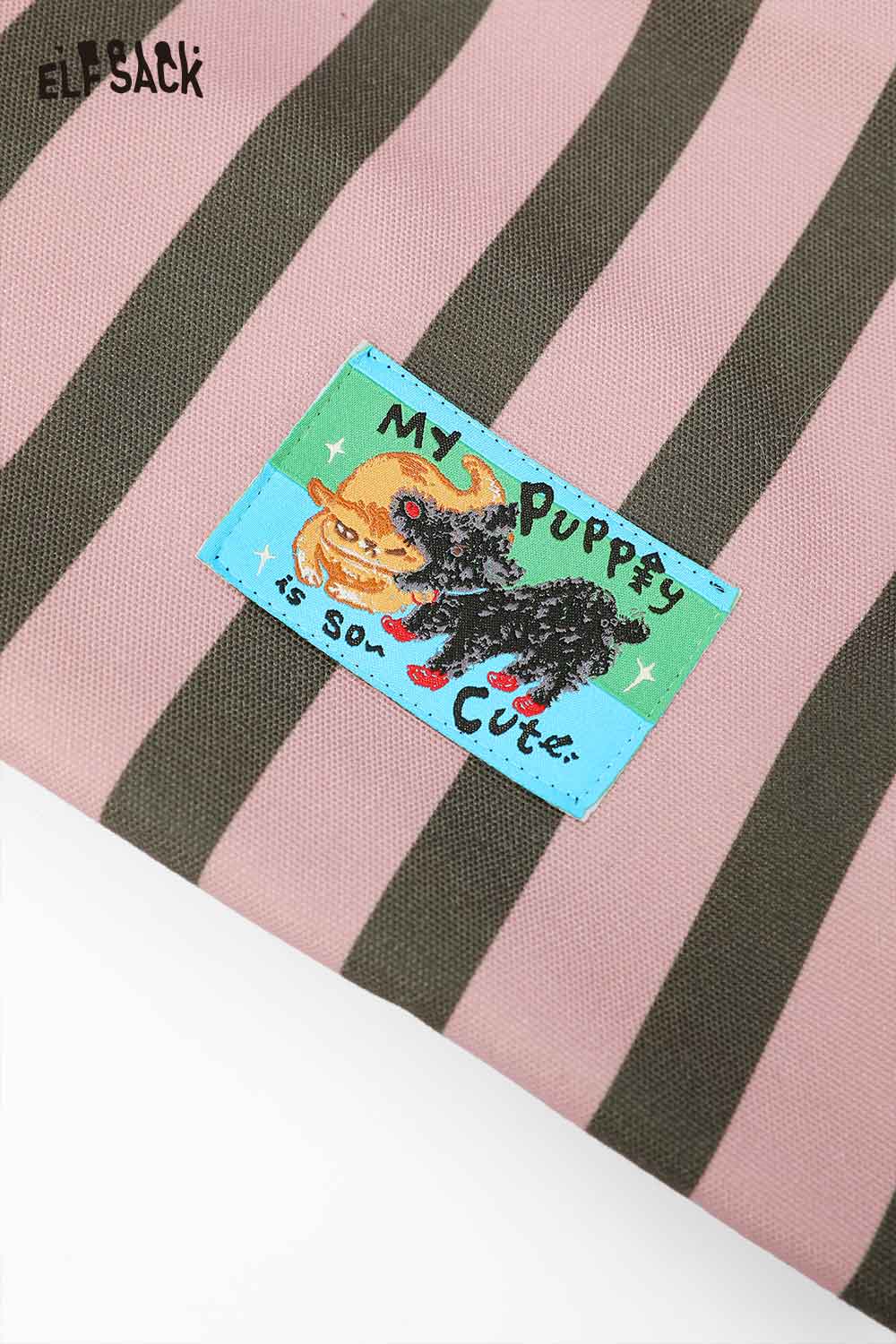 ELFSACK canvas stripe tote bag featuring a playful puppy graphic and colorful design