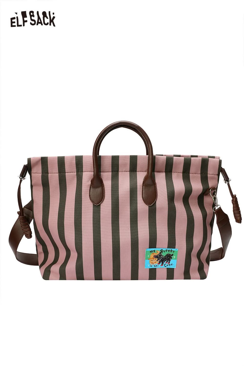 ELFSACK canvas stripe tote bag with brown and pink stripes and sturdy leather handles