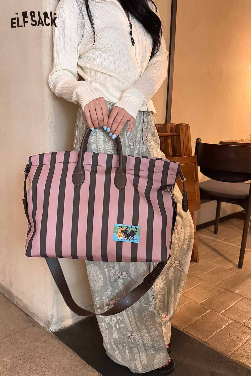 ELFSACK canvas stripe tote bag with stylish pink and brown stripes and sturdy handles