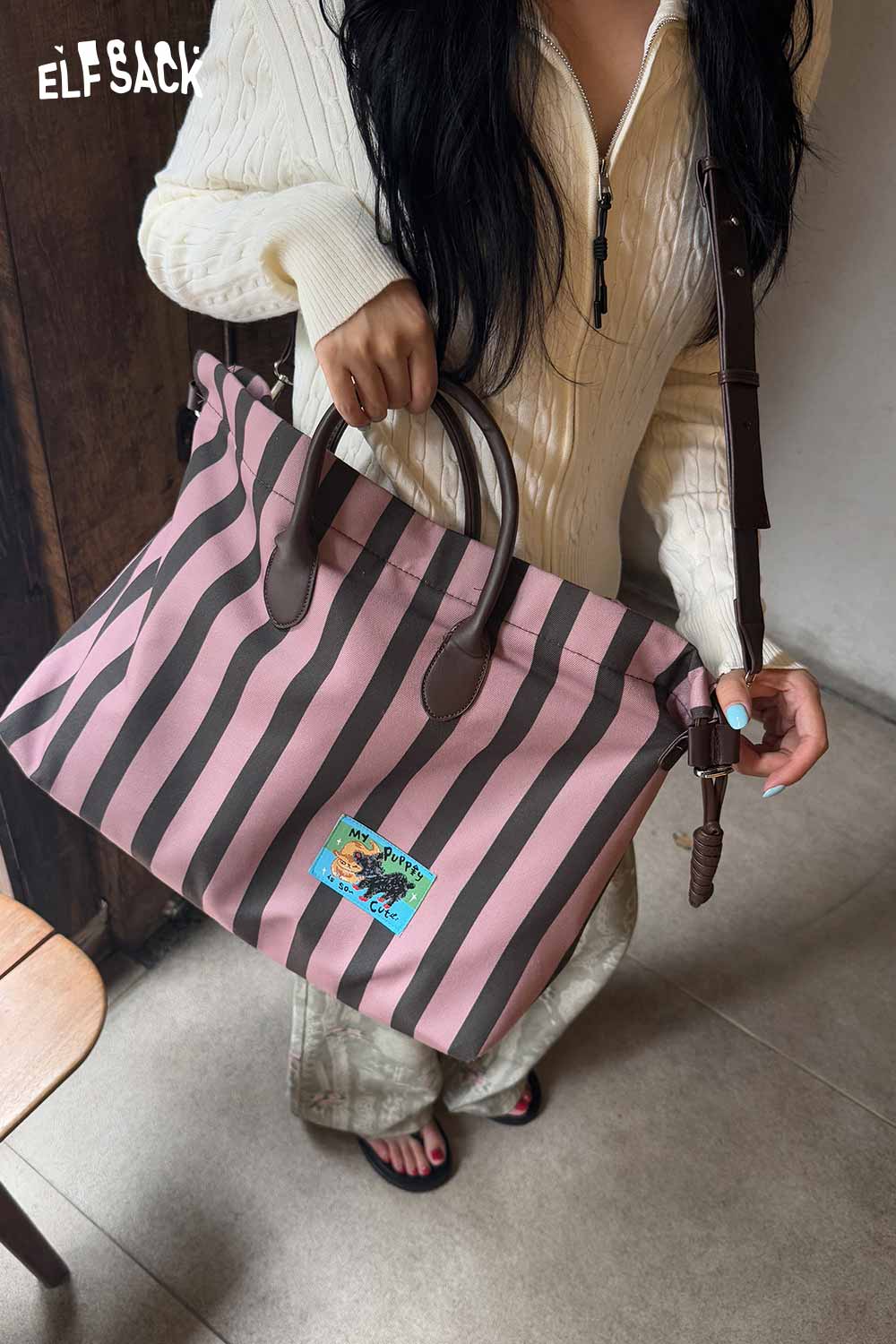 ELFSACK canvas stripe tote bag with pink and brown stripes, ideal for casual outings and daily use