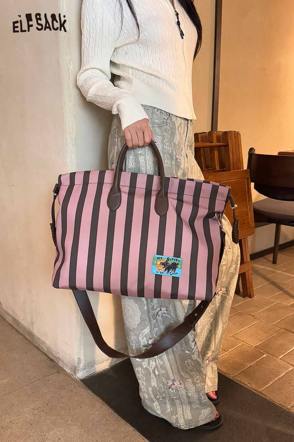 ELFSACK canvas stripe tote bag in pink and brown stripes with sturdy handles for everyday use