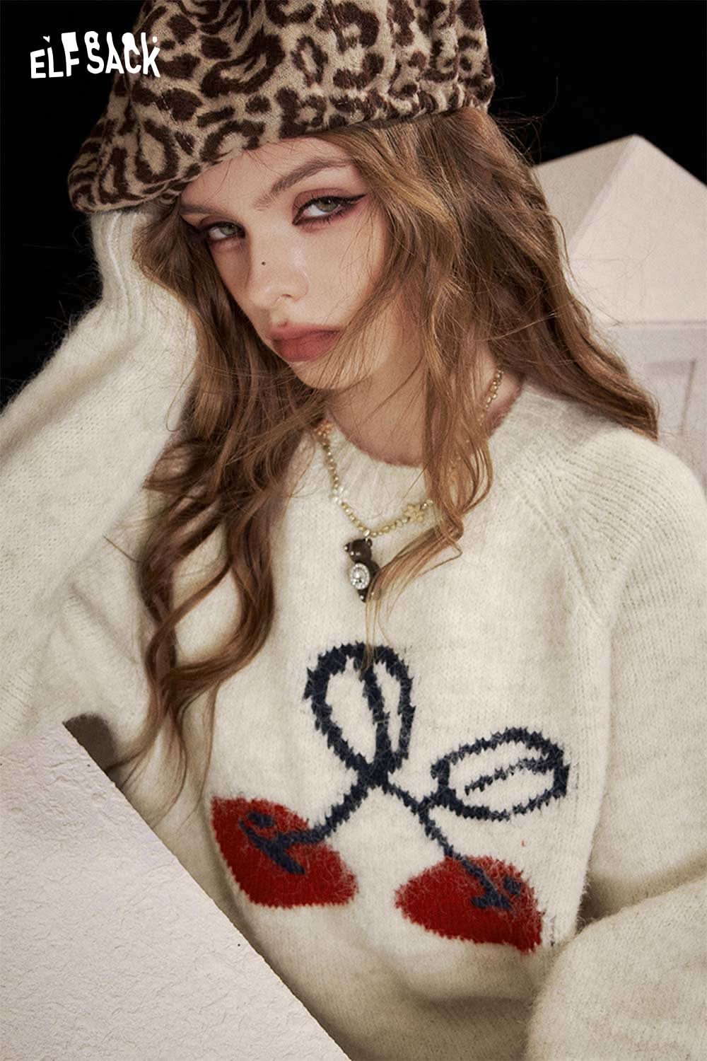 ELFSACK cartoon cherry print sweater featuring a cozy design and playful cherry graphics