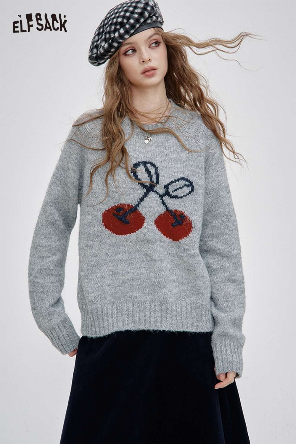 ELFSACK cartoon cherry print sweater in gray with playful cherry design for a trendy casual look