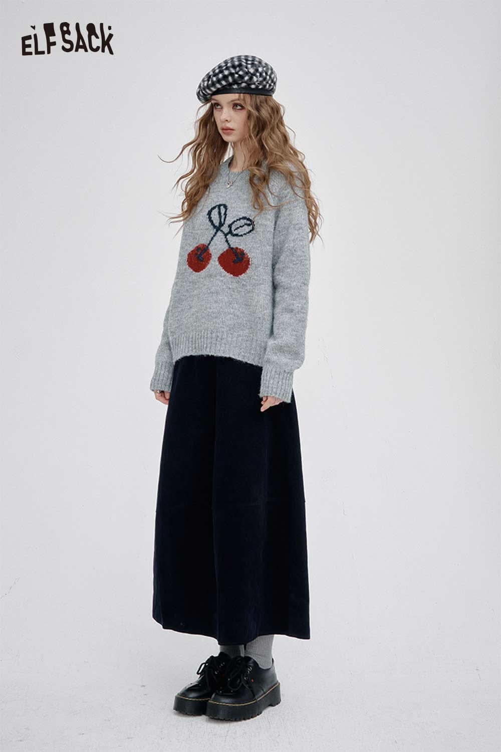 ELFSACK cartoon cherry print sweater in gray with red cherry design, perfect for casual outfits.