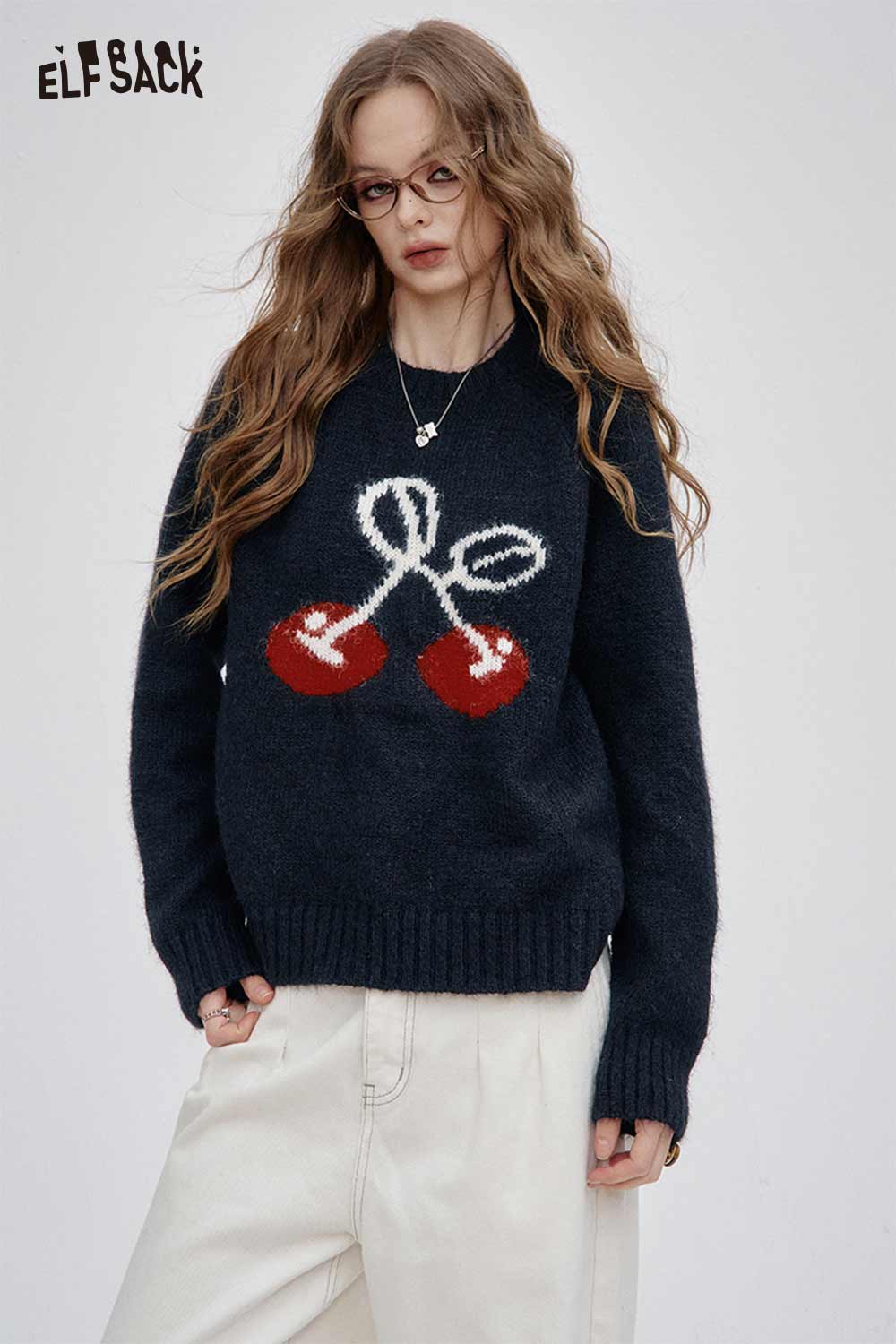 ELFSACK cartoon cherry print sweater in navy with a cozy design and playful cherry graphics