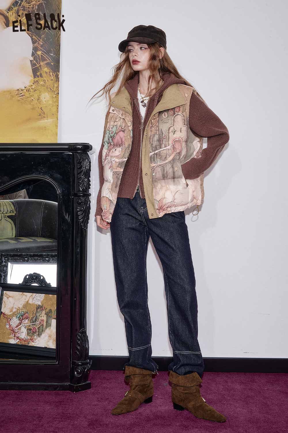 ELFSACK cartoon graphic puffer vest featuring unique illustrations, paired with a stylish outfit for casual wear