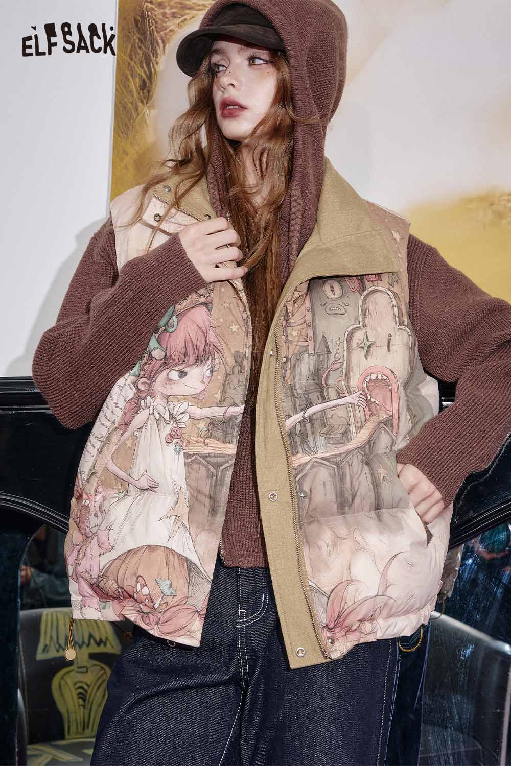 ELFSACK Cartoon Graphic Puffer Vest with unique design featuring whimsical illustrations and comfortable fit