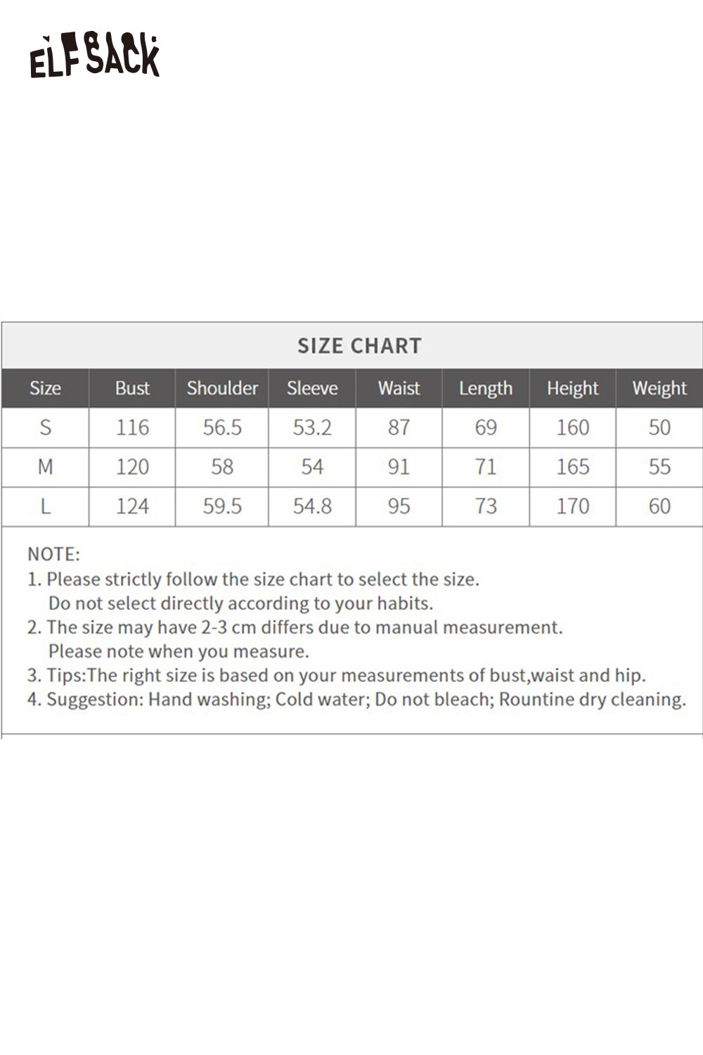 Size chart for ELFSACK women's bow knot puffer jacket with bust, sleeve, waist, length, height, and weight measurements