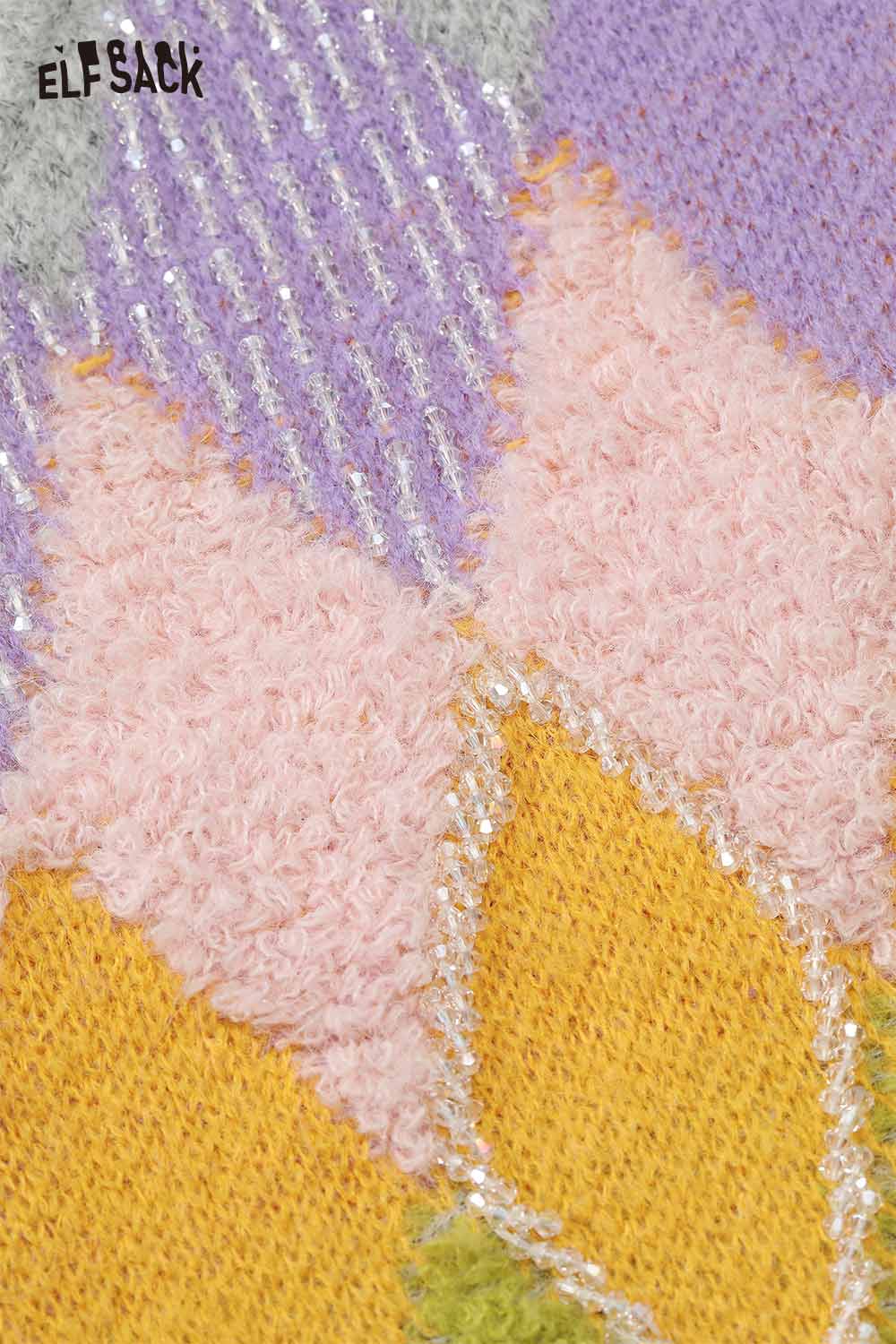 ELFSACK casual diamond pattern cropped sweater with colorful textured patches in pastel shades