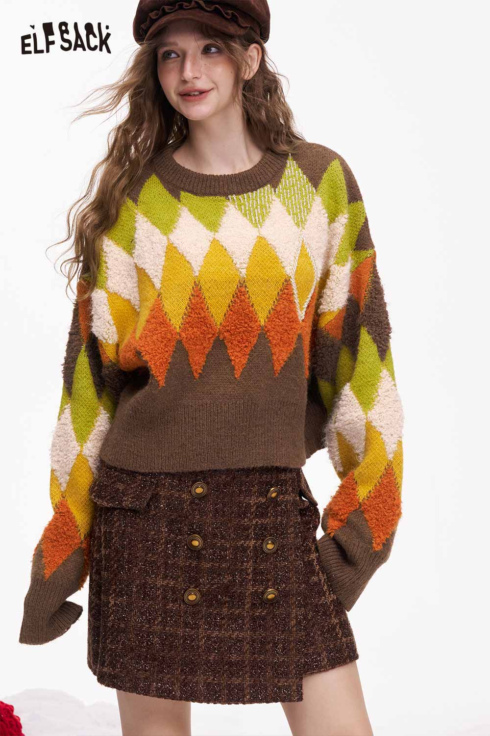ELFSACK casual diamond pattern cropped sweater in vibrant colors paired with a stylish skirt