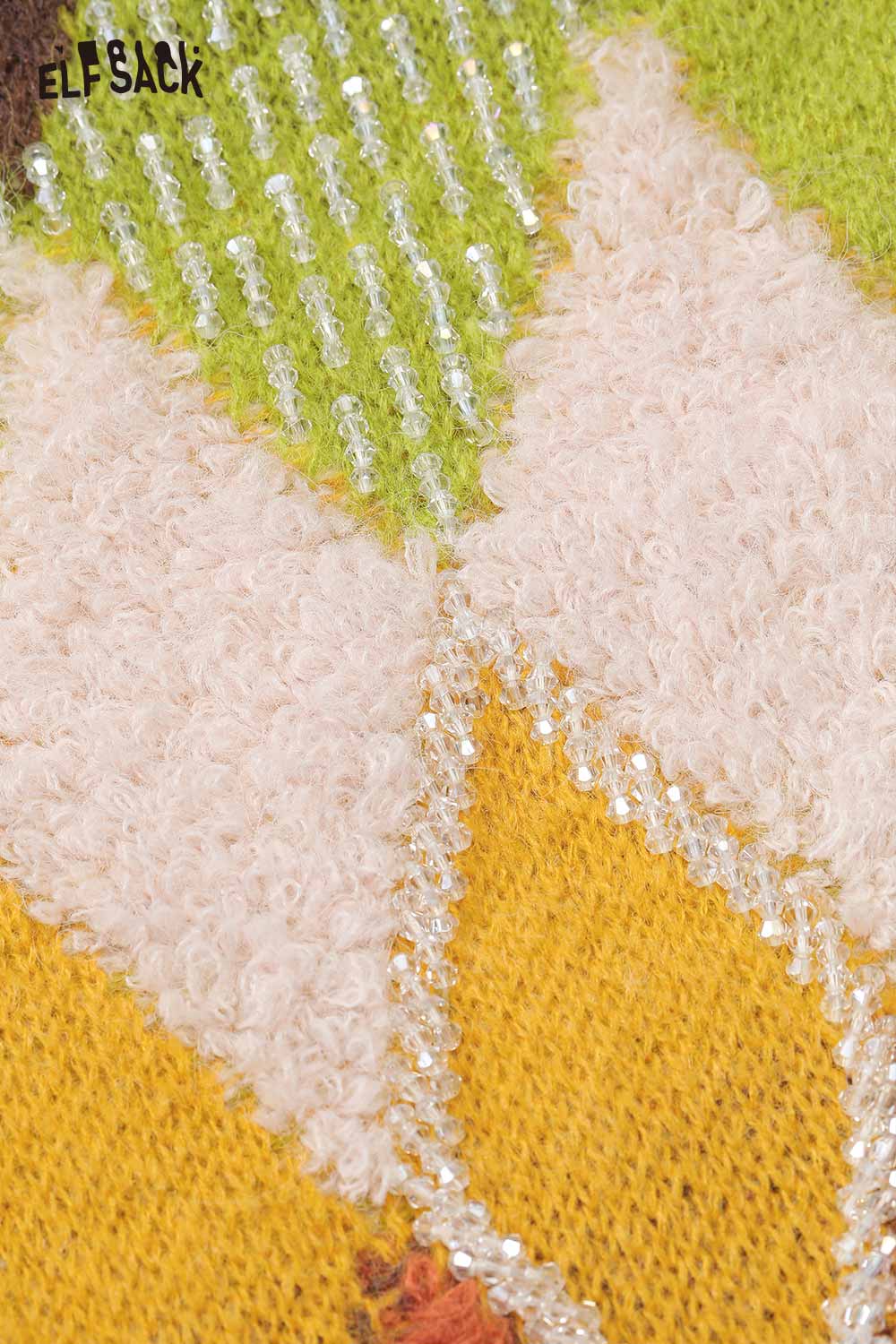 ELFSACK casual diamond pattern cropped sweater featuring textured fabric and colorful design