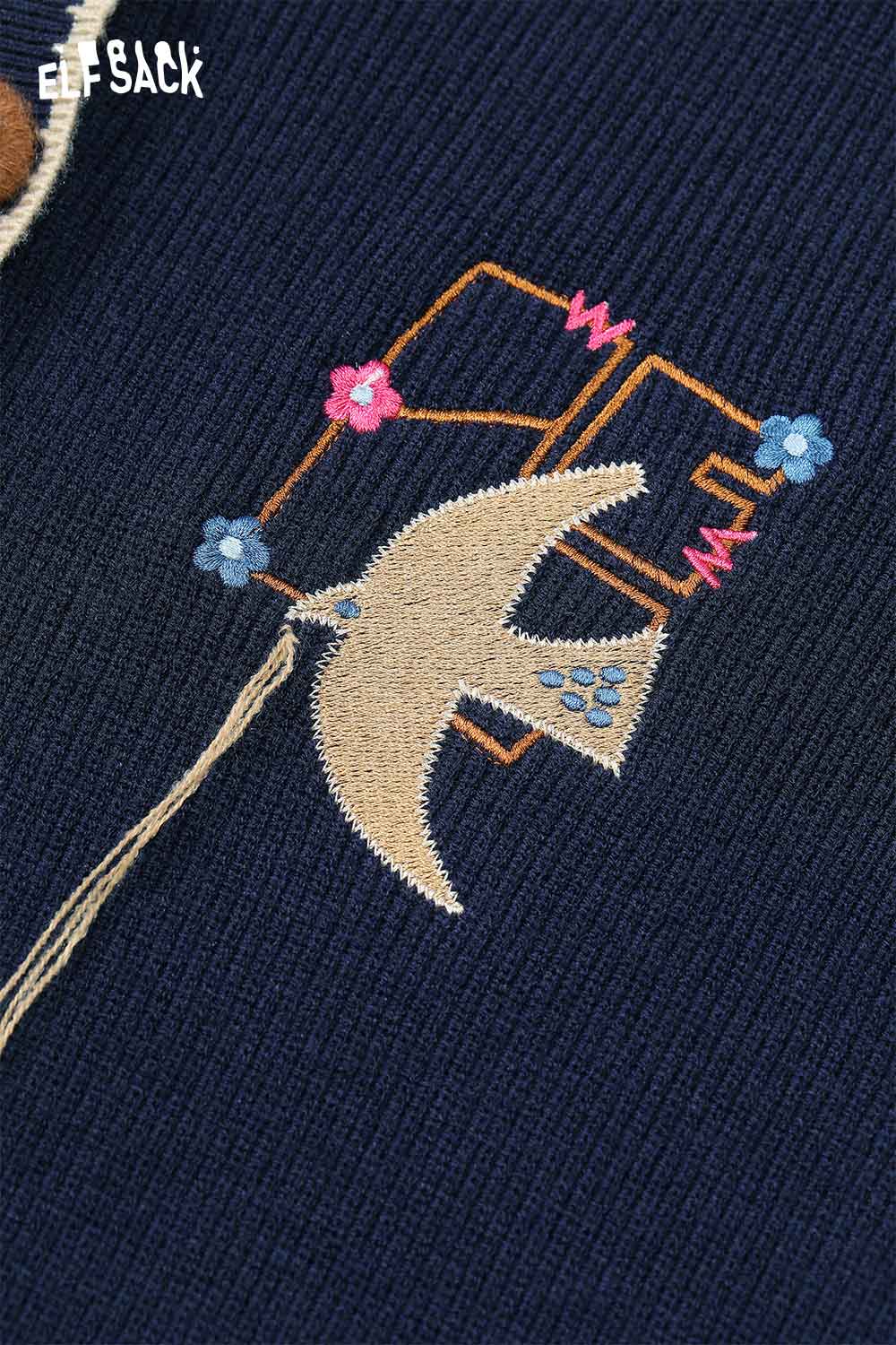 ELFSACK casual embroidered hooded long dress with unique bird design and stylish details