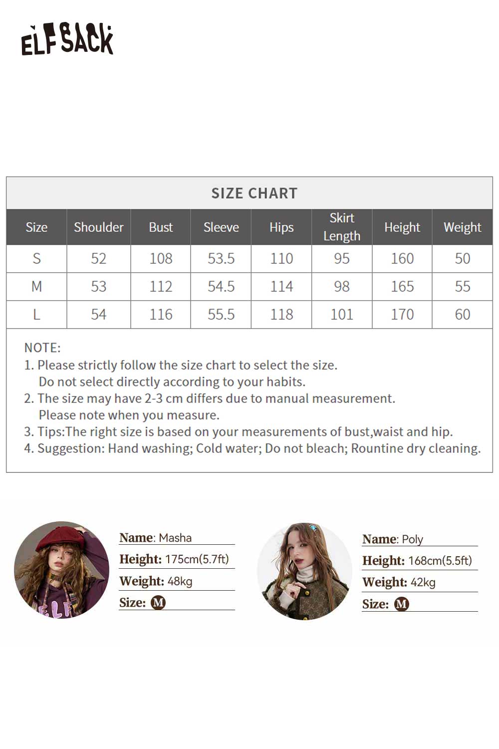 ELFSACK casual embroidered hooded long dress in size chart format with model details and measurements