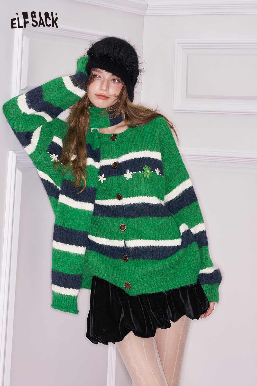 ELFSACK casual striped knit cardigan for women in green with floral accents and button closure