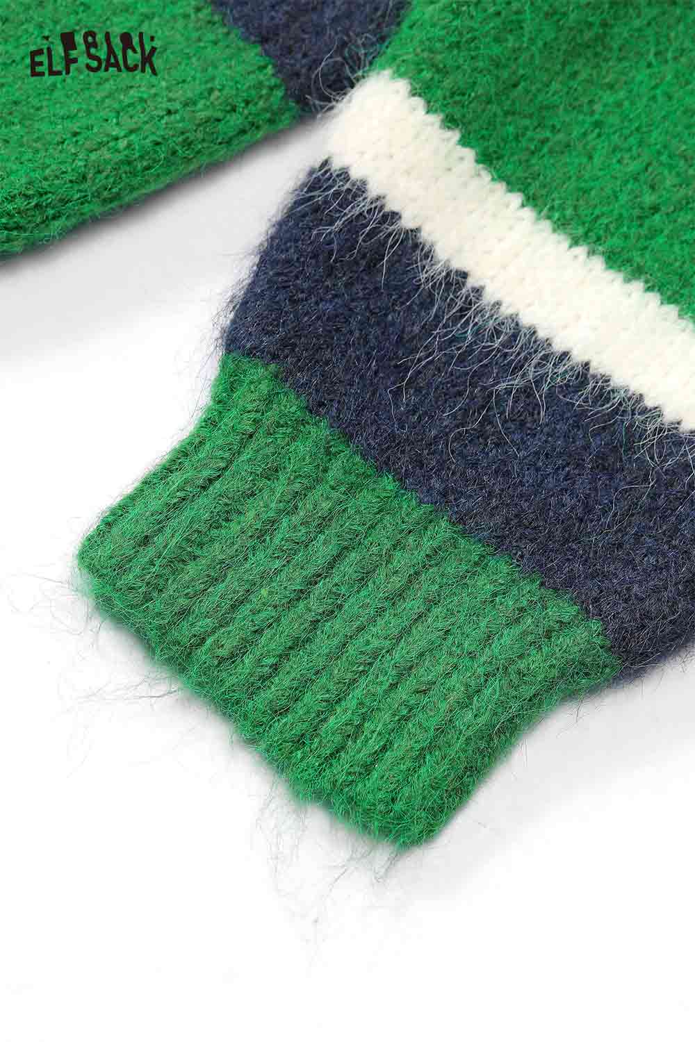 ELFSACK casual striped knit cardigan for women featuring green and navy colors with ribbed cuffs