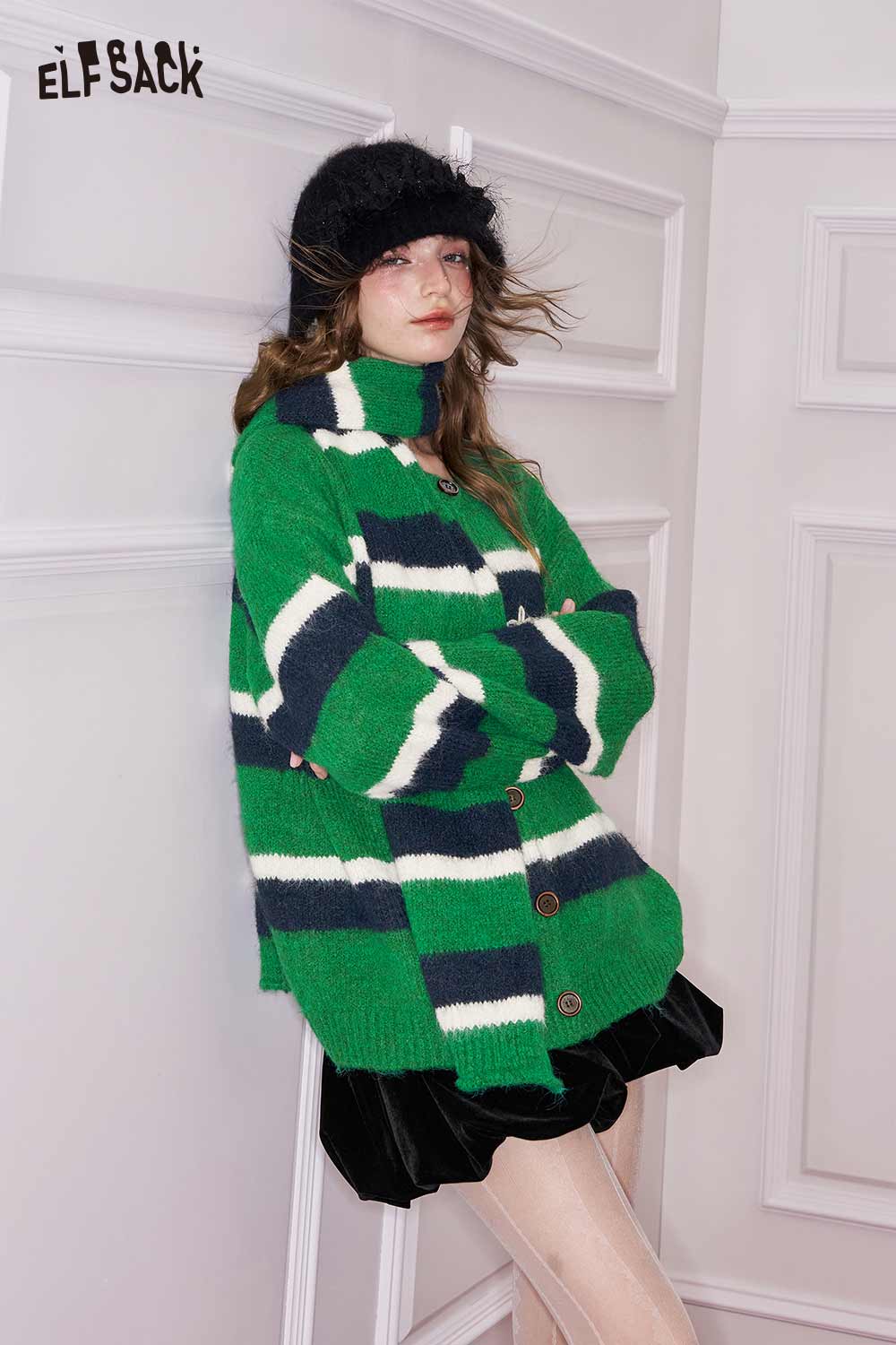 ELFSACK casual striped knit cardigan for women in green and navy with buttons and relaxed fit