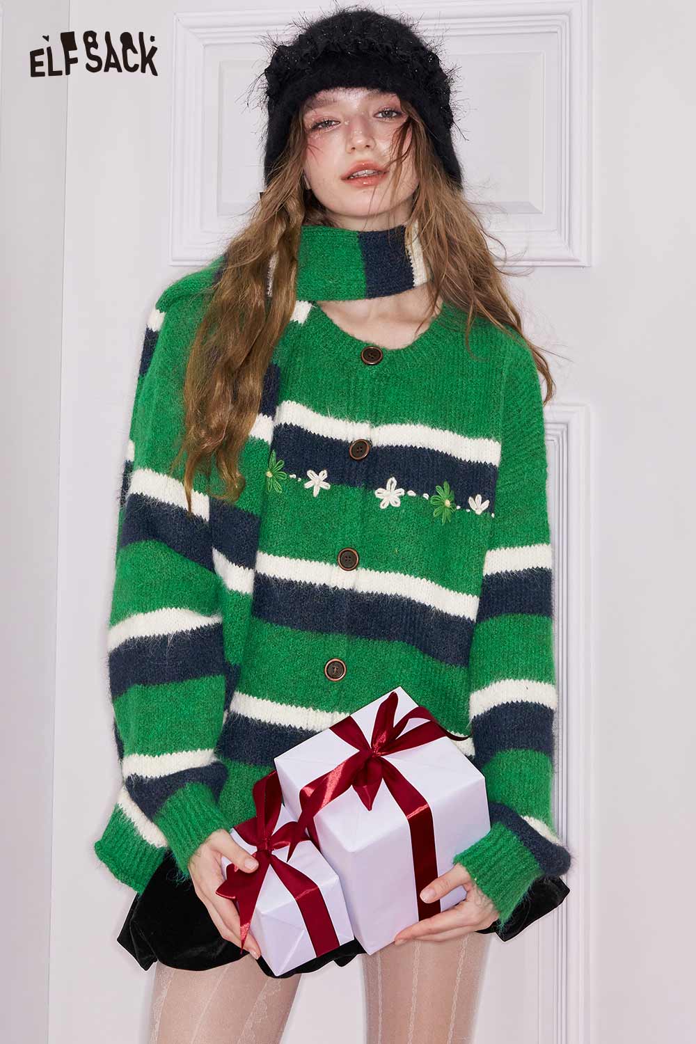 ELFSACK casual striped knit cardigan for women in green with floral details and buttons