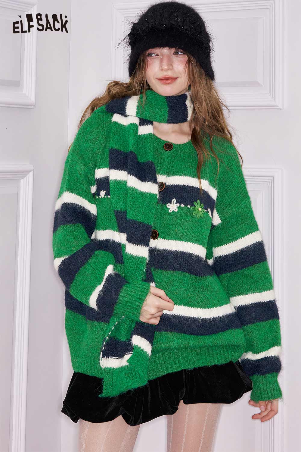 ELFSACK casual striped knit cardigan for women in green with navy stripes and floral details