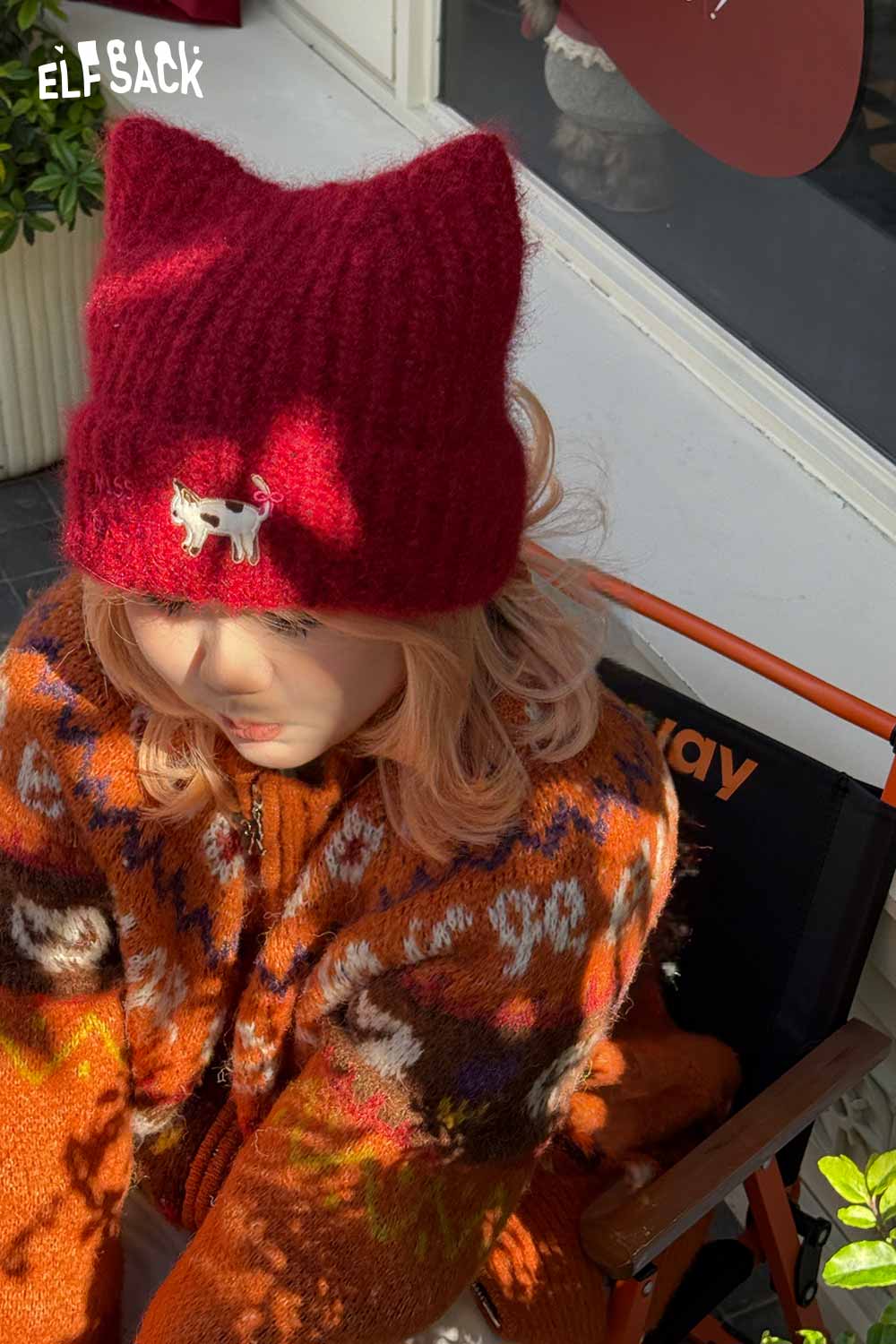 ELFSACK red cat ear beanie for women featuring a cute cat design and cozy knit texture