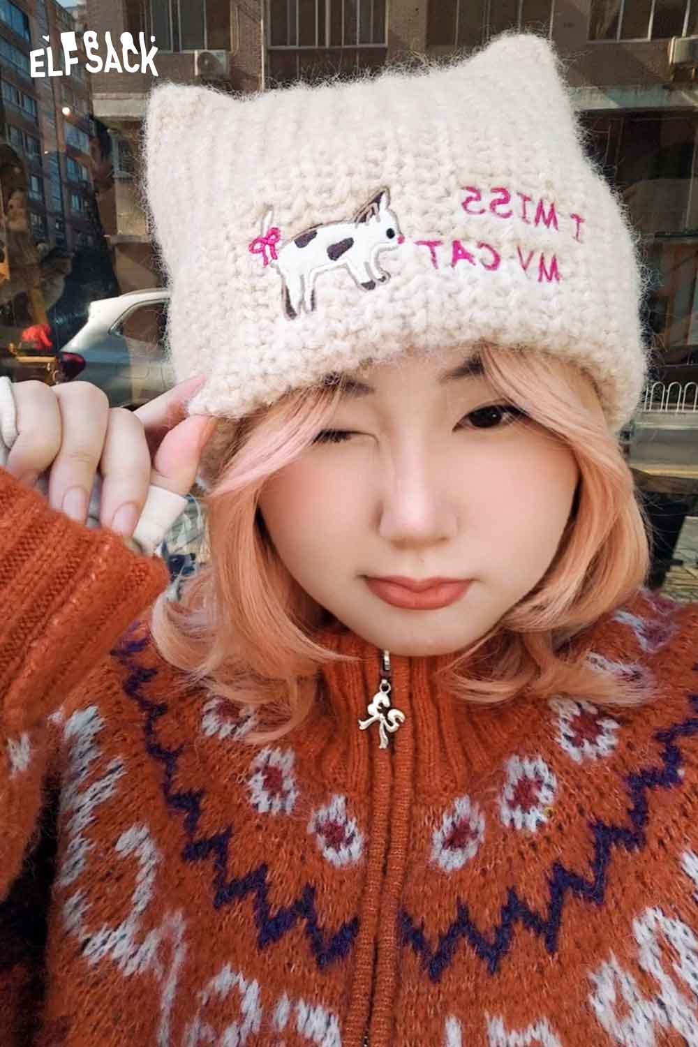 Cozy ELFSACK cat ear beanie for women with cute cat embroidery and warm knit design