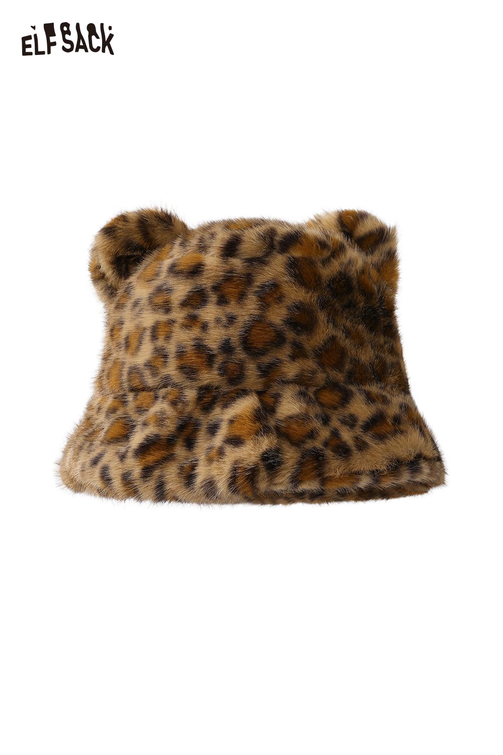 ELFSACK cat ear leopard plush hat featuring soft furry material and playful ears for stylish warmth
