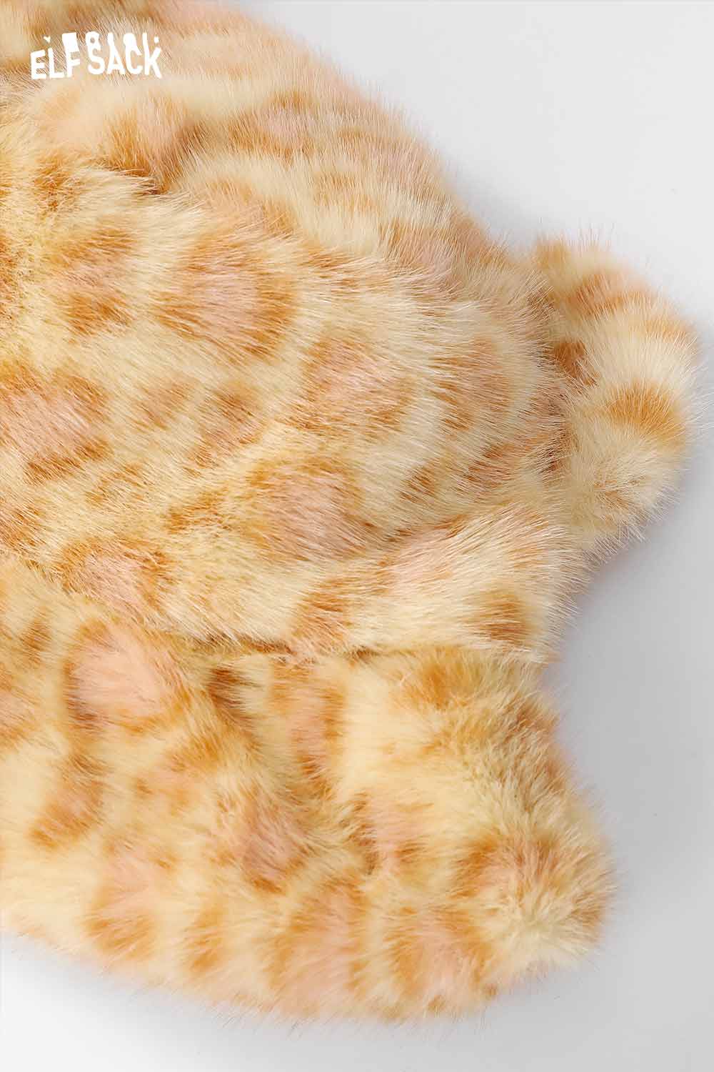 ELFSACK cat ear leopard plush hat with soft fur design for stylish winter fashion