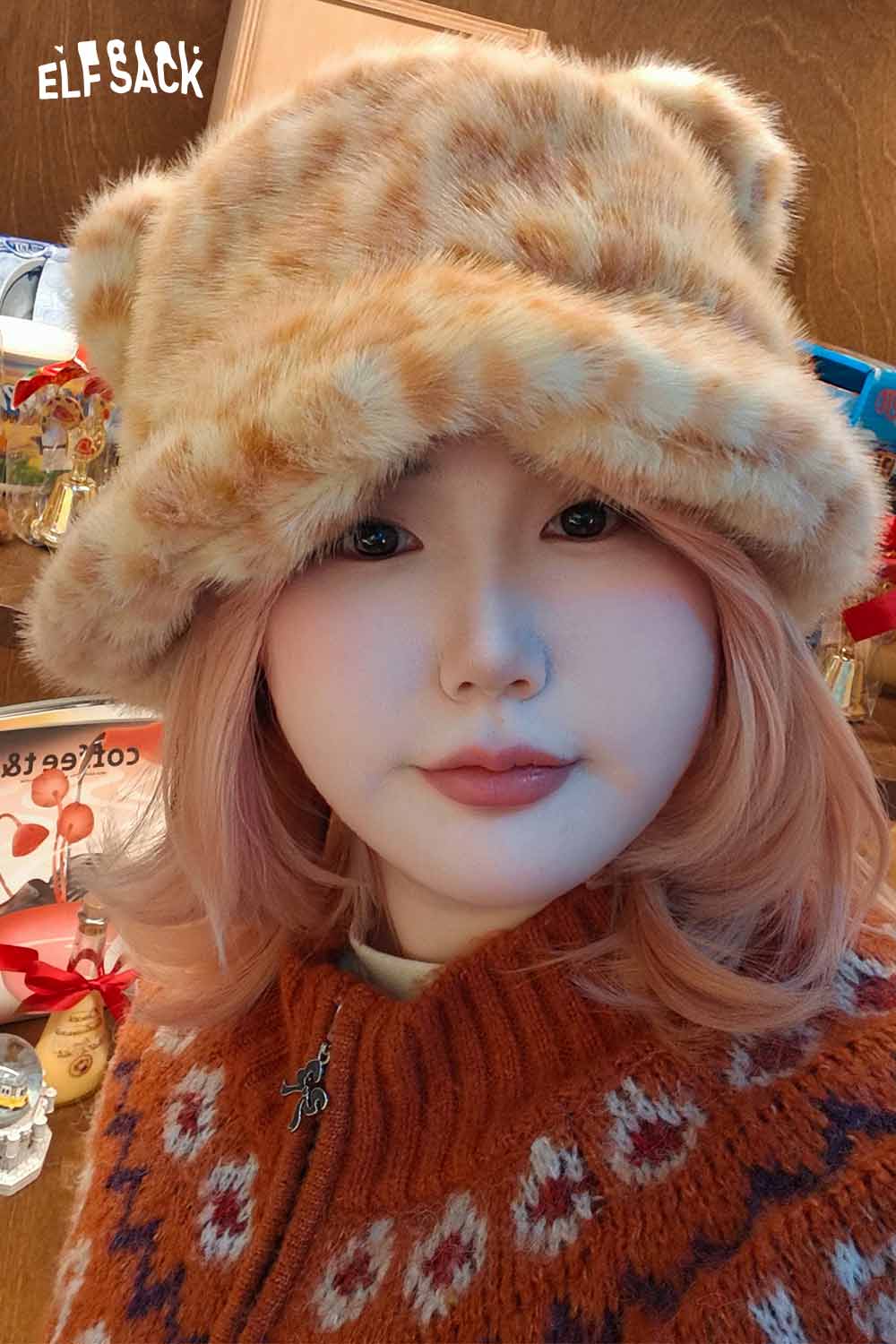 ELFSACK cat ear leopard plush hat in soft tan with cute ear accents for cozy winter fashion