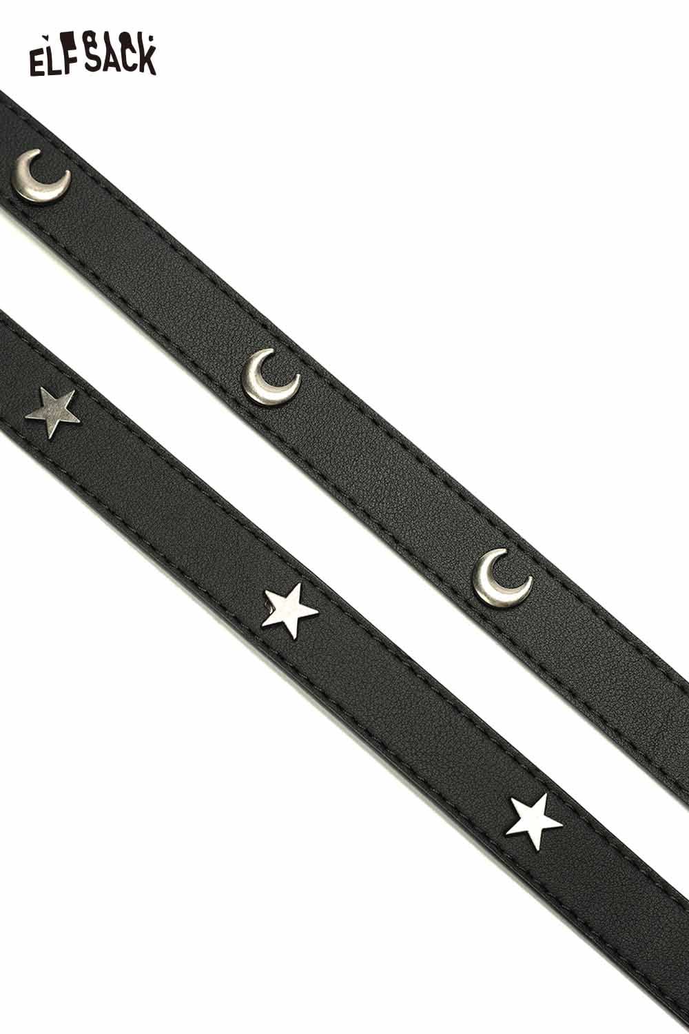 ELFSACK celestial cutout belt for women featuring moon and star designs on a black background