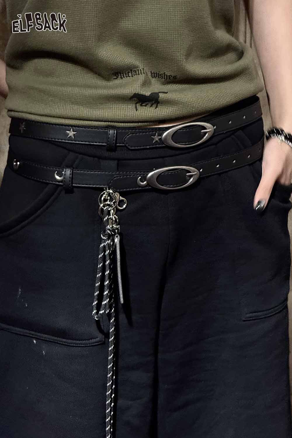 ELFSACK celestial cutout belt for women in black with decorative chains and stylish silver accents