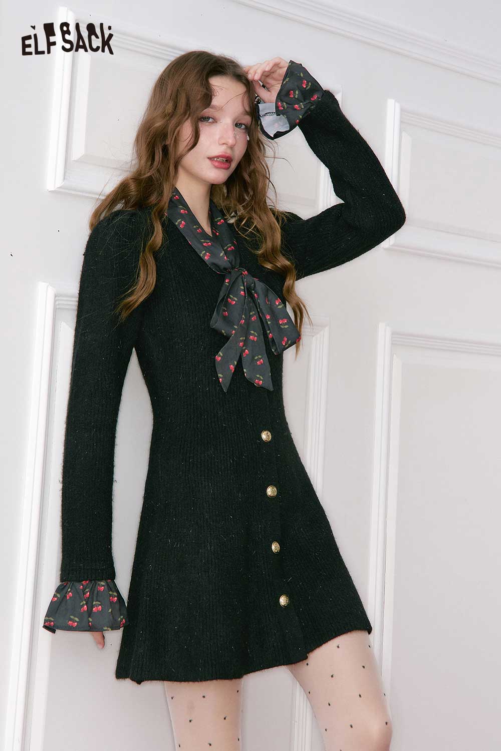 ELFSACK cherry graphic bow tie dress in black with a stylish collar and button details