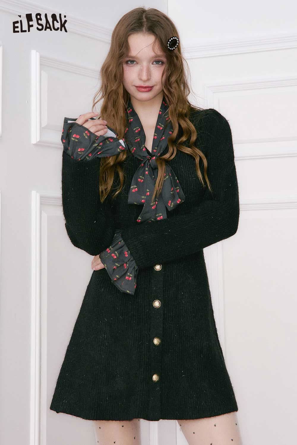 ELFSACK cherry graphic bow tie dress featuring a black knitted design and stylish button front
