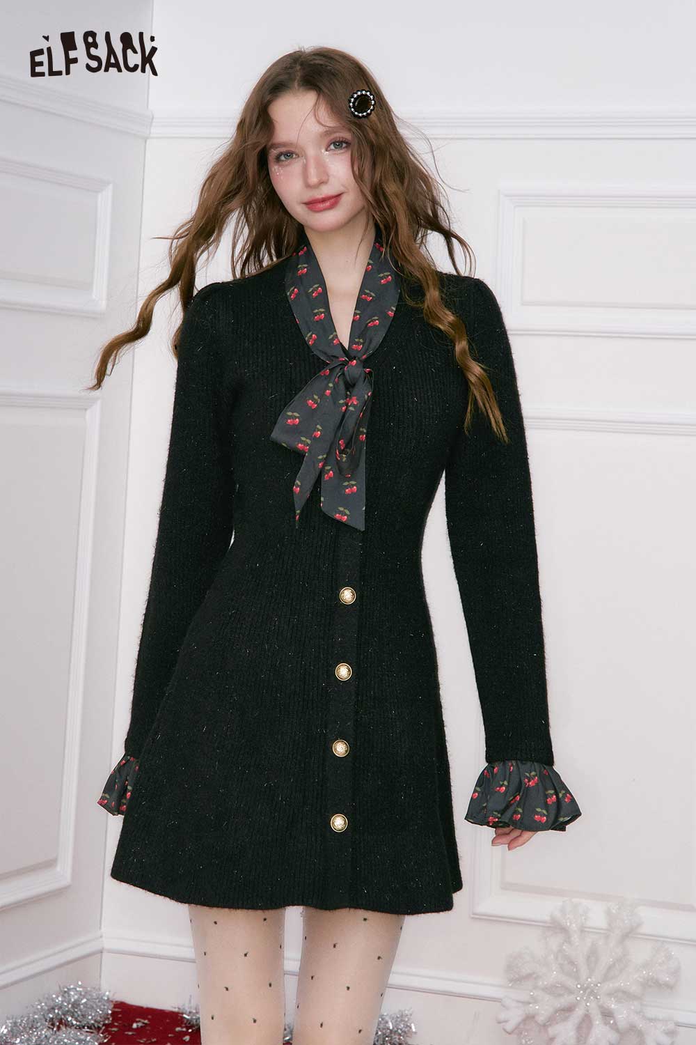 ELFSACK cherry graphic bow tie dress in black with button details and ruffled cuffs