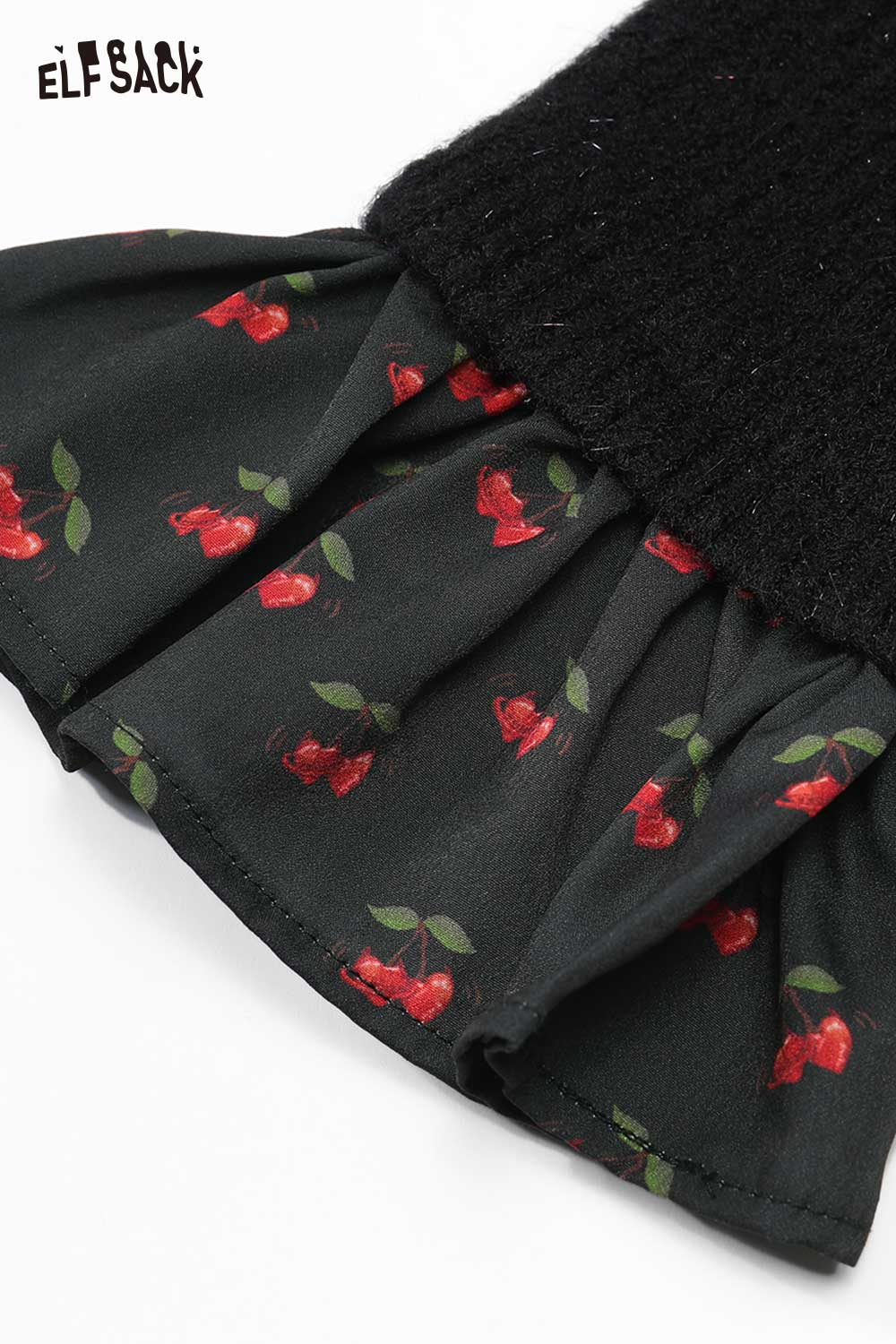 ELFSACK cherry graphic bow tie dress featuring a black top and ruffled cherry print skirt