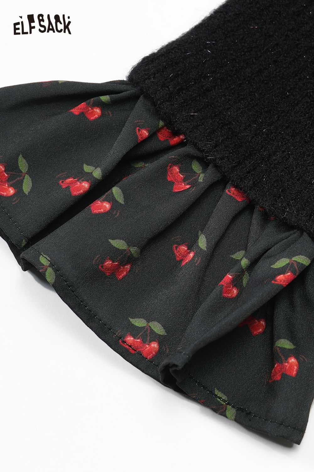 ELFSACK cherry graphic bow tie dress featuring a black top and ruffled cherry print skirt