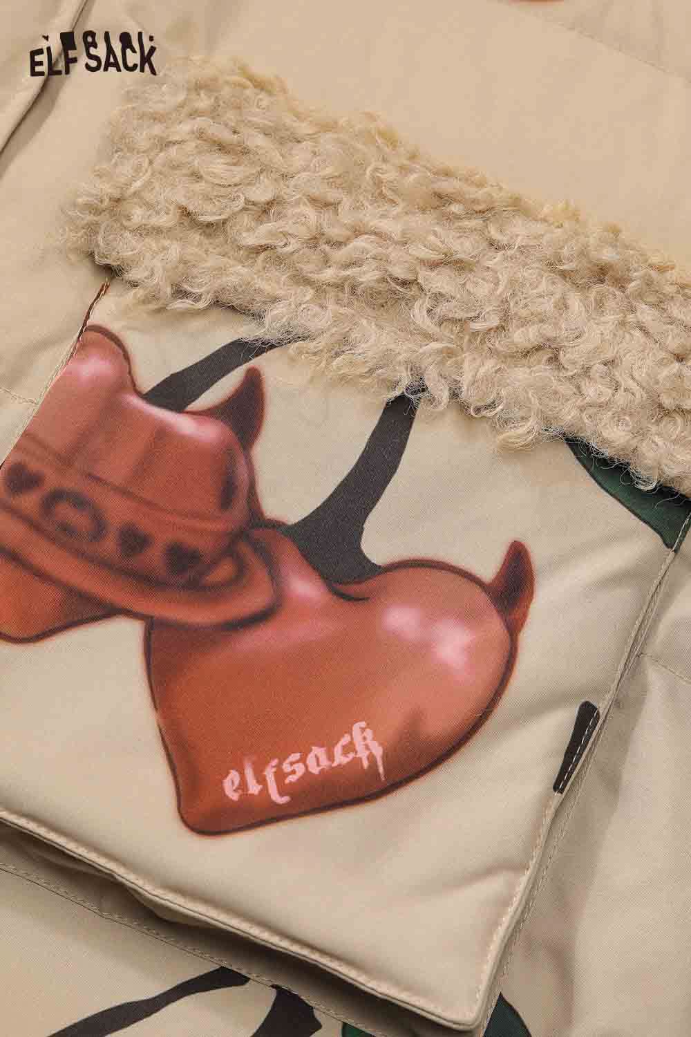 ELFSACK cherry graphic puffer coat featuring playful heart and hat designs for a trendy winter look